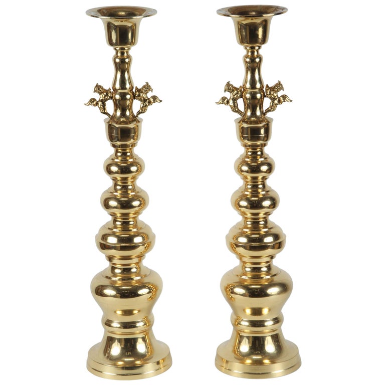 Pair of Large Chinese Polished Brass Candlesticks For Sale