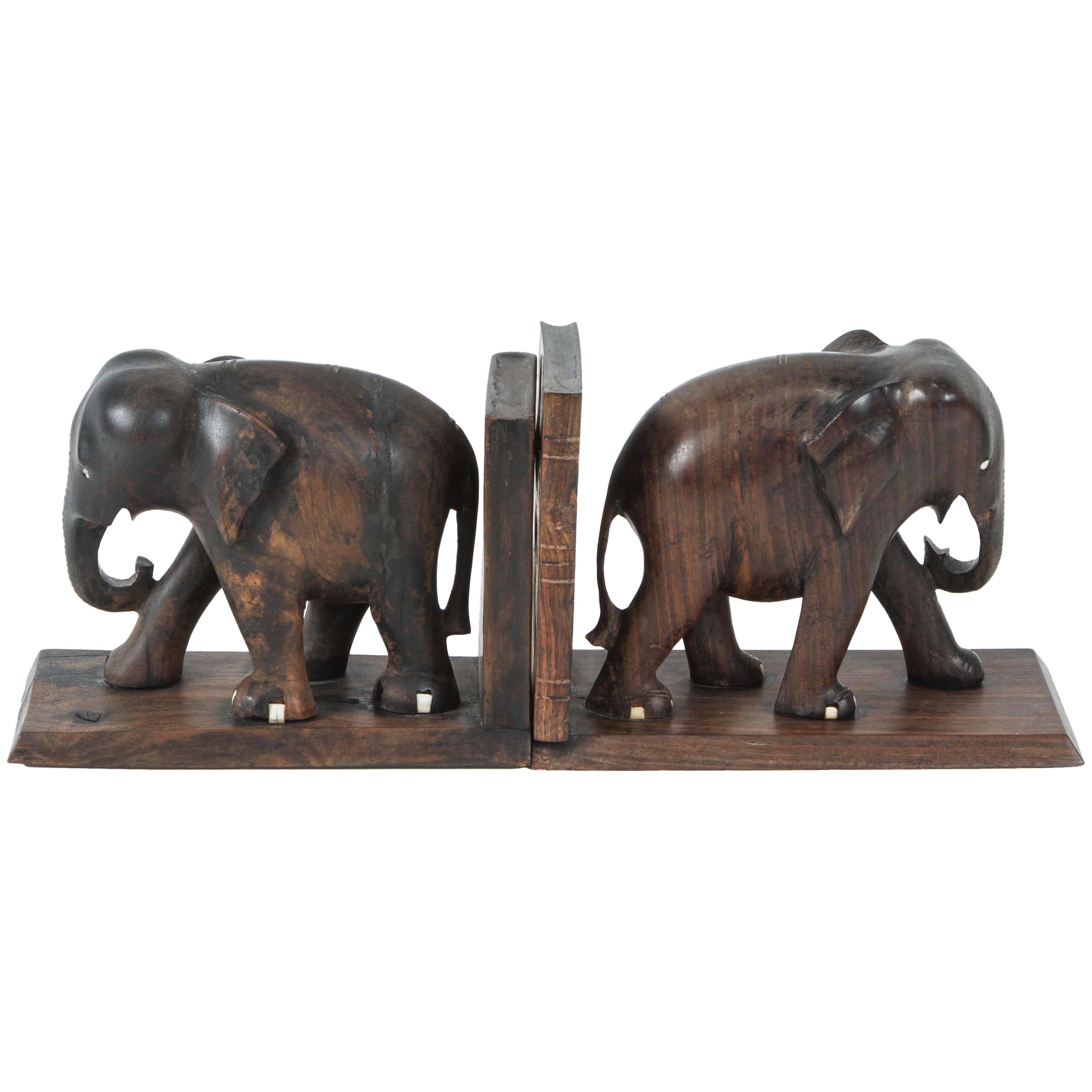 Ebony Hand-Carved Elephant Bookends