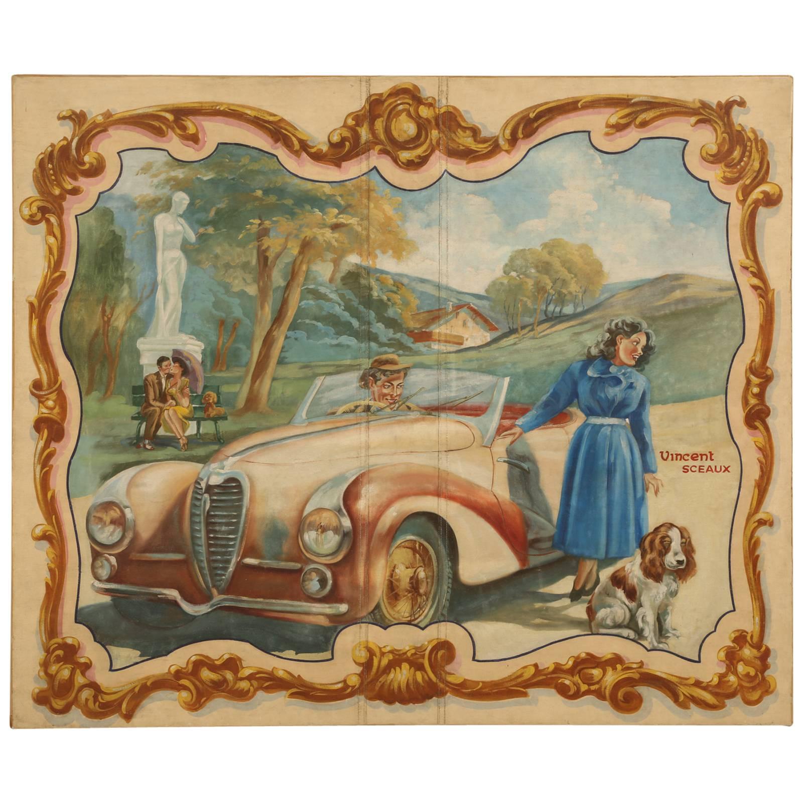 Grande peinture à l'huile originale de l'automobile française Delahaye, c1930 Plus de 6' x 7' 