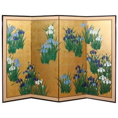 Hand-Painted Japanese Folding Screen Byobu Iris Painting, Watercolor, Goldleaf