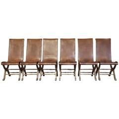 Set of Six French Leather and Wood Chairs 4