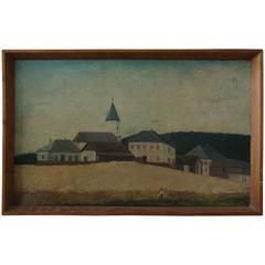 Antique Early 20th Century Americana Oil Painting of a Village