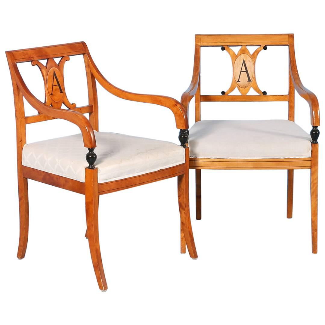 Pair of Antique Swedish Karl Johan Birch Armchairs with "A" Monogram, circa 1890