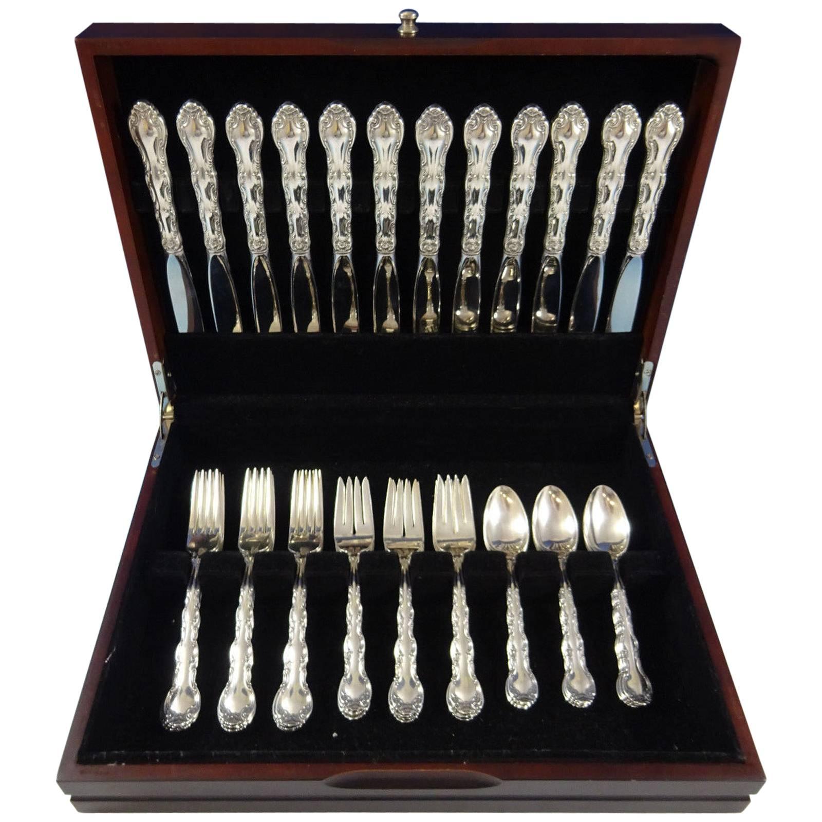 Beautiful French Scroll by Alvin c1953 sterling silver Flatware set of 48 Pieces. This set includes:

12 knives, 8 7/8