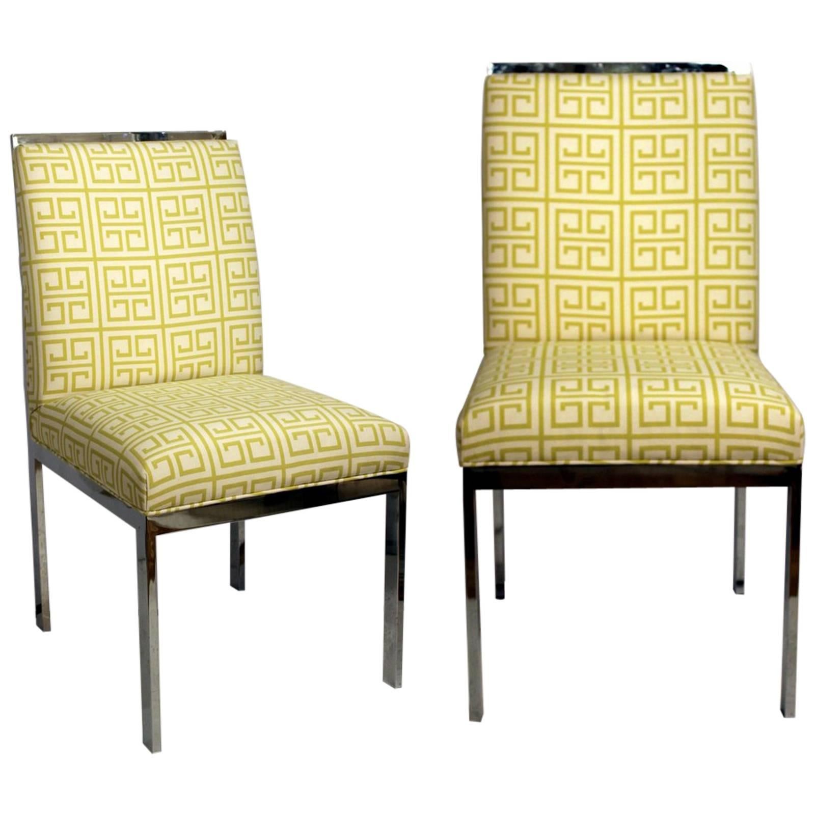 Pair of Mid-Century Chrome Chairs New Upholstered Citron Greek Key