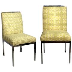 Pair of Mid-Century Chrome Chairs New Upholstered Citron Greek Key 10