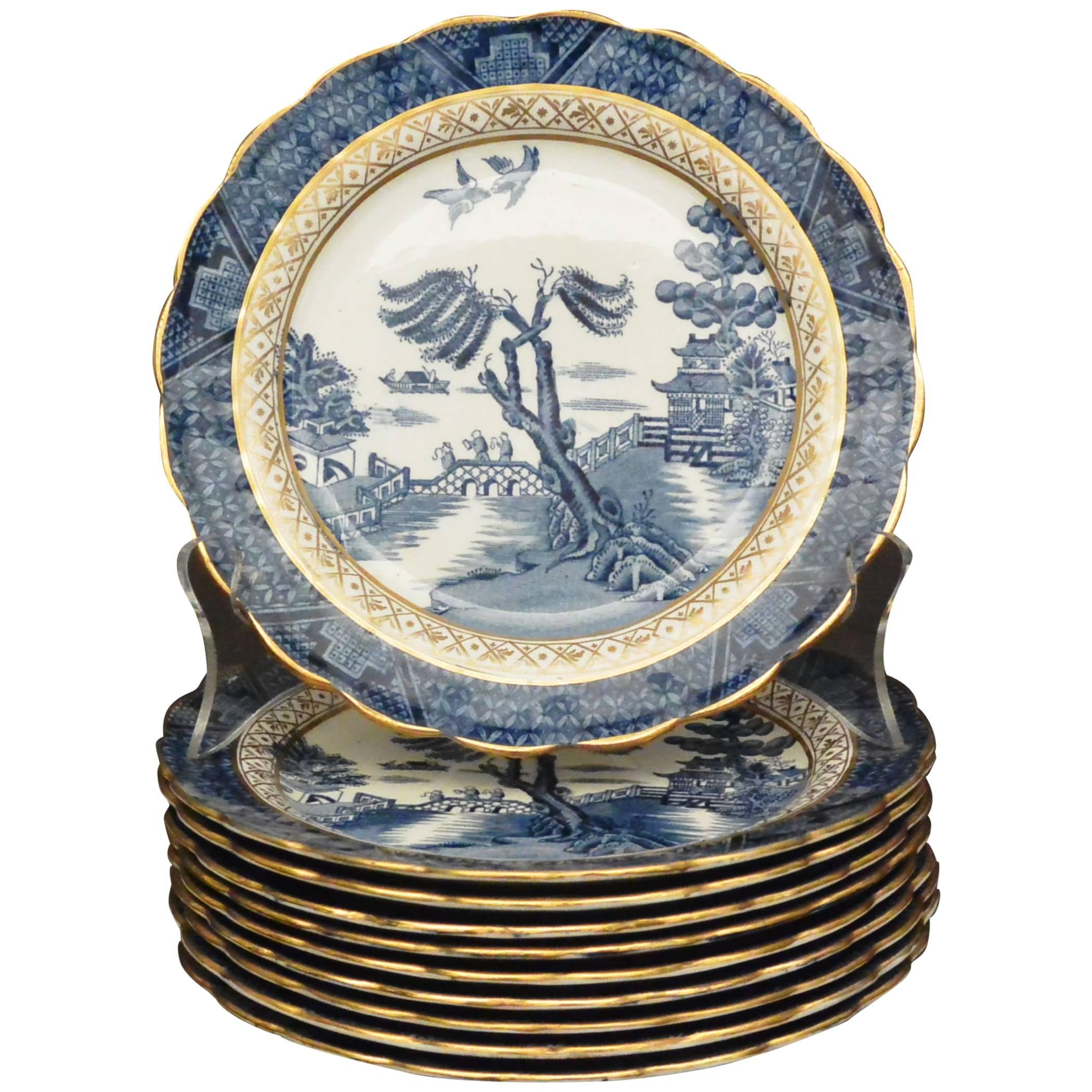 Set of Gilded Blue and White Chinoiserie Dessert Plates