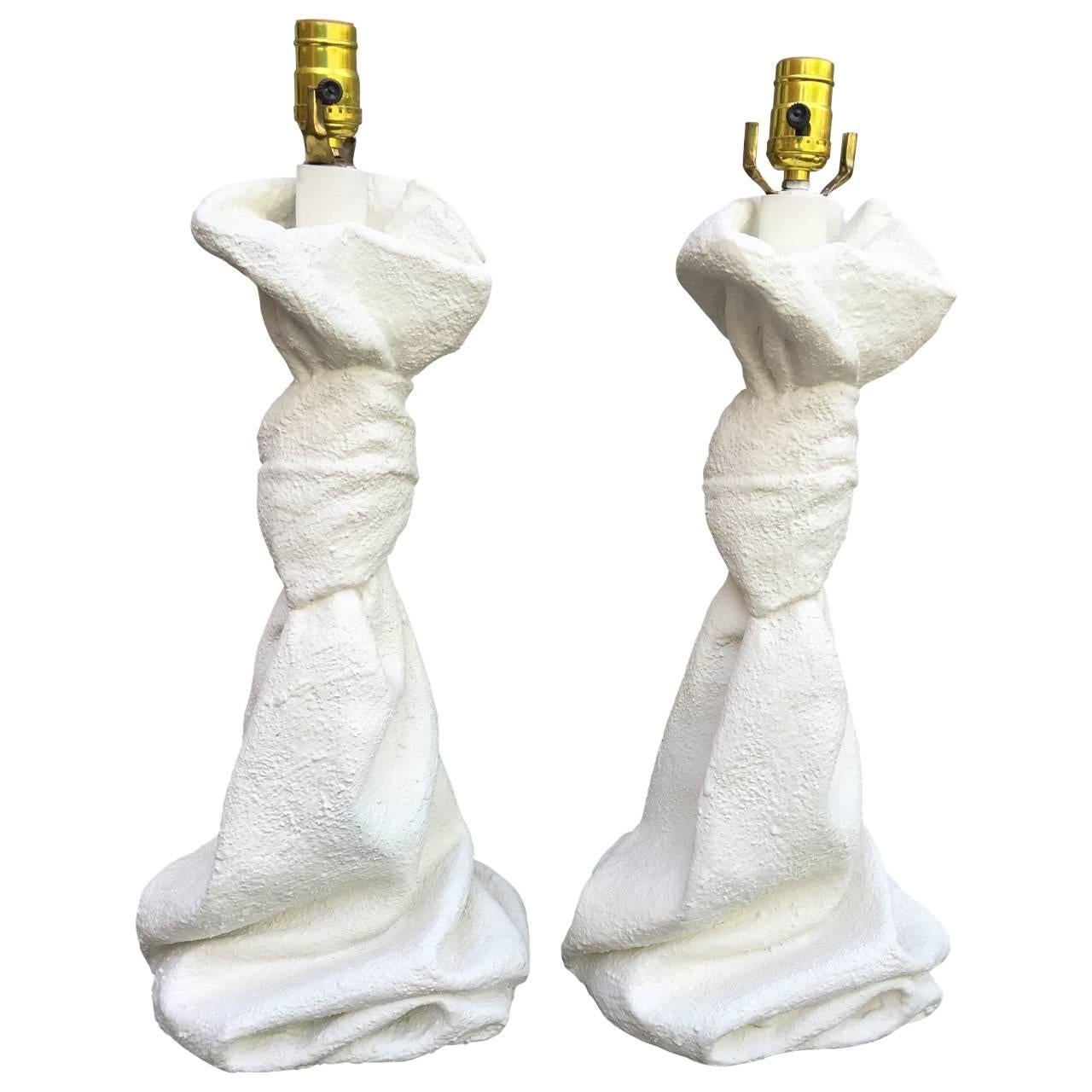 Special pair of J. Dickinson style lamps of draped plaster of lamps.