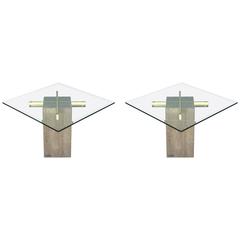 Pair of Travertine and Brass with Glass Top Side Tables by Artedi