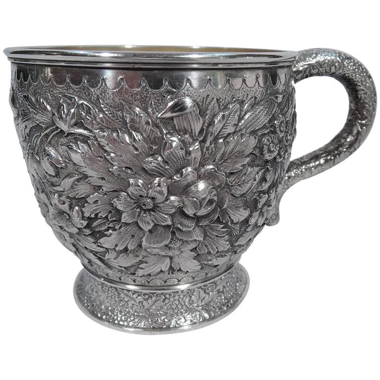 Large Antique Sterling Silver Baby Cup with Floral Repoussé by Tiffany