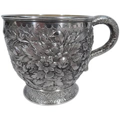 Large Antique Sterling Silver Baby Cup with Floral Repoussé by Tiffany