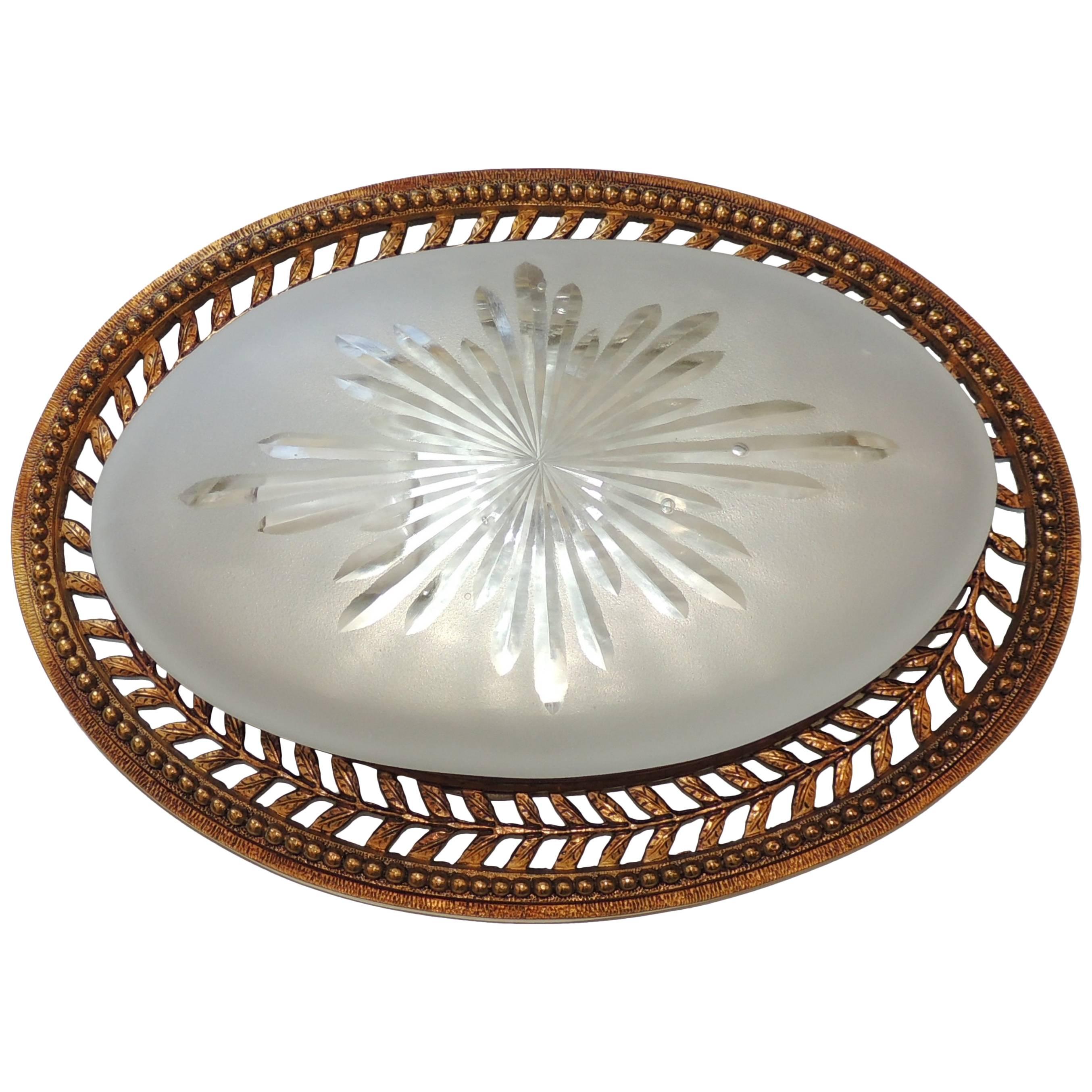 Wonderful French Frosted Glass 
Gilt Bronze Flush Mount Oval Chandelier Fixture