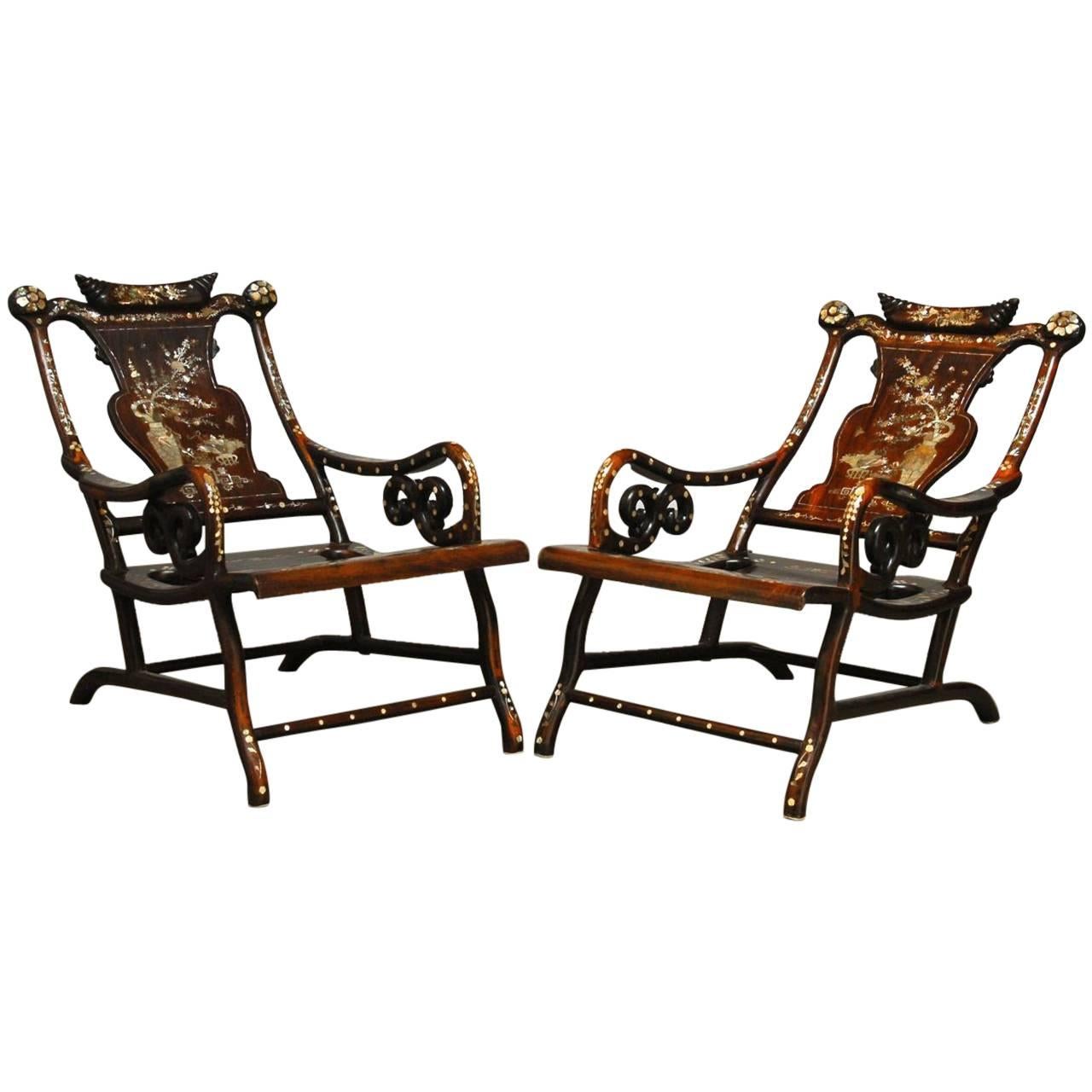 Pair of Chinese Rosewood Lounge Chairs with Mother-of-Pearl Inlay
