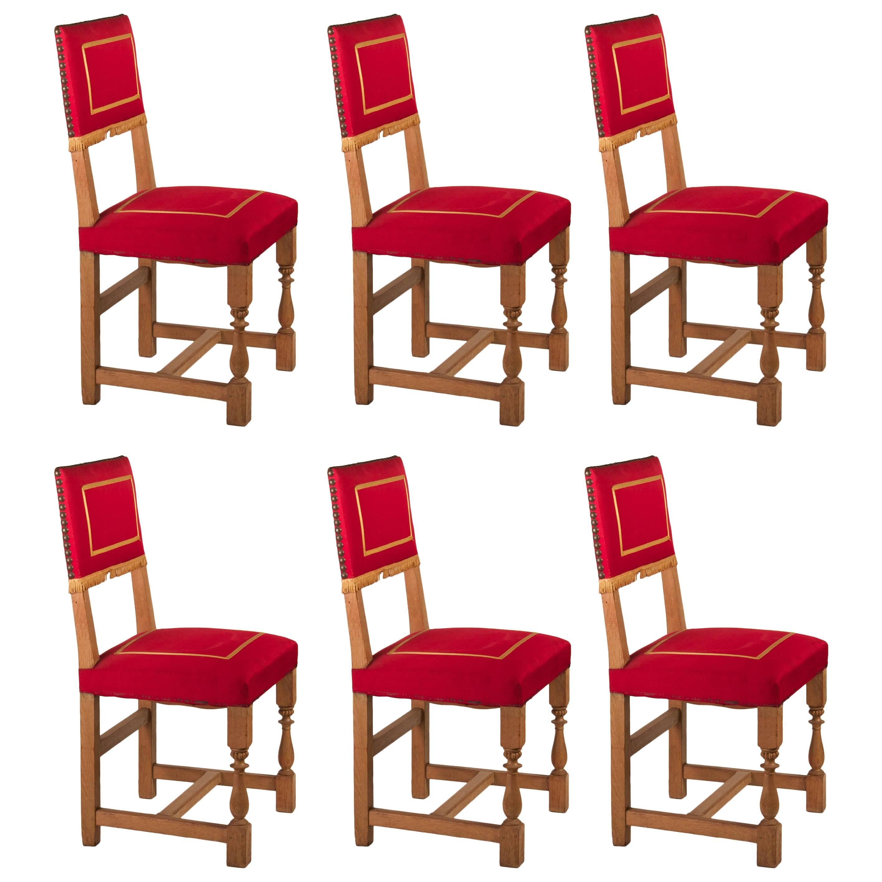 French 1940s Set of Six Oak Dining Chairs with Original Upholstery For Sale