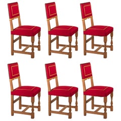 French 1940s Set of Six Oak Dining Chairs with Original Upholstery