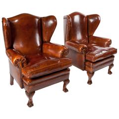 Antique Pair of Walnut Leather Wing Chairs, 19th Century