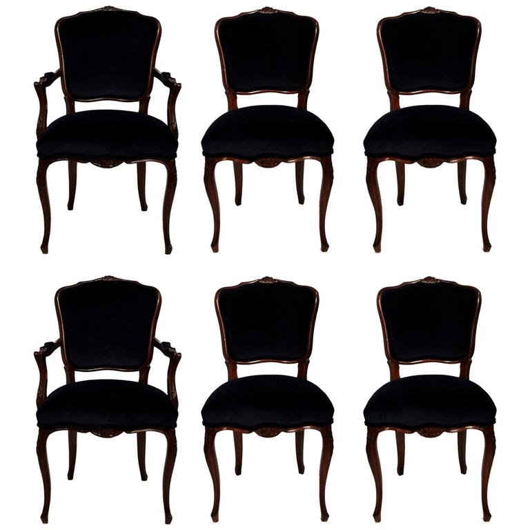 Six Dining Room Chairs with Navy Velvet and Damask Fabric For Sale at