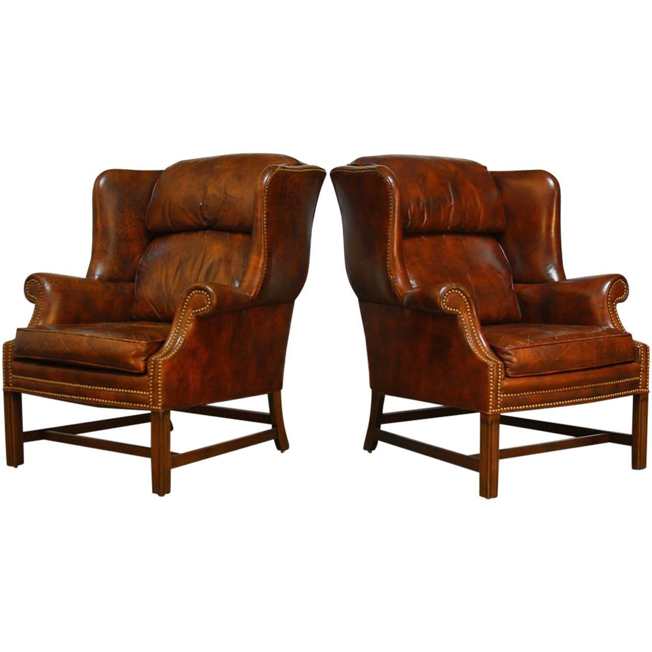 Pair Of Marbled Leather Wingback Chairs By Schafer Bros At 1stdibs