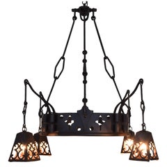 French Arts & Crafts Signed Wrought & Cast Iron Chandelier with Hanging Lantern