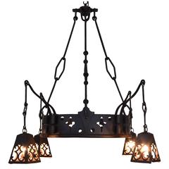 French Arts & Crafts Signed Wrought & Cast Iron Chandelier with Hanging Lantern 2