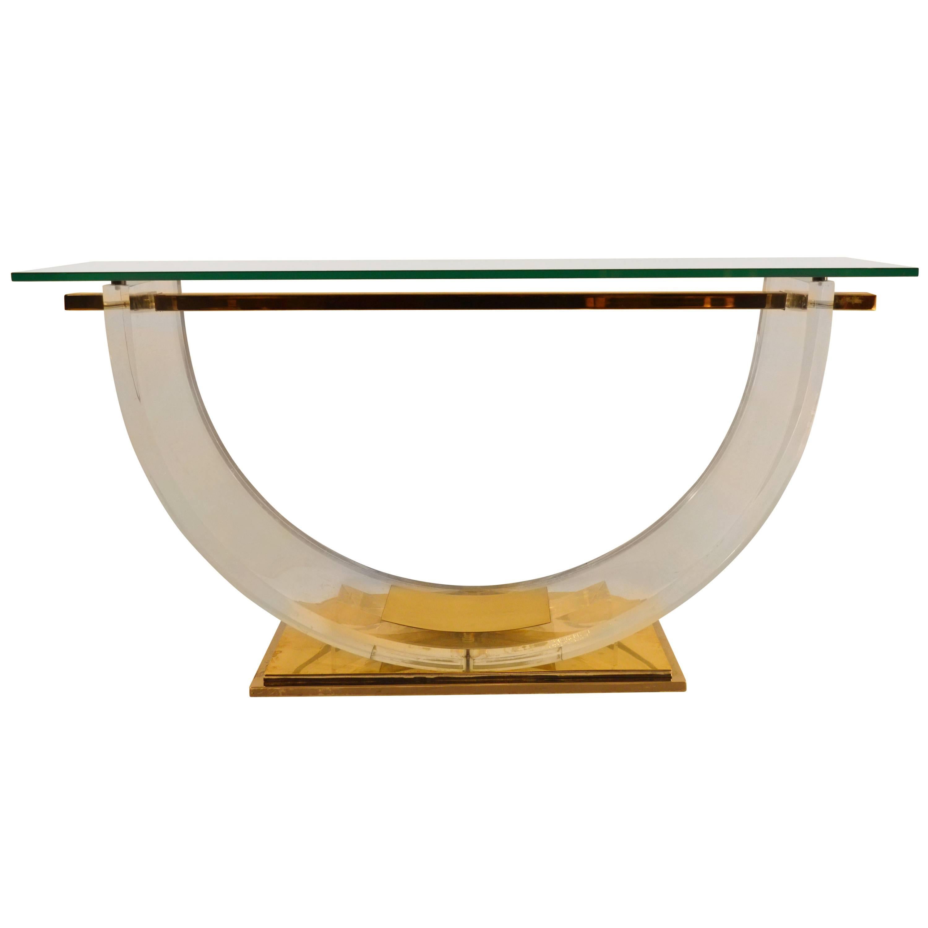 Plexiglass or Perspex Console with Iron and Brass Base and Glass Top