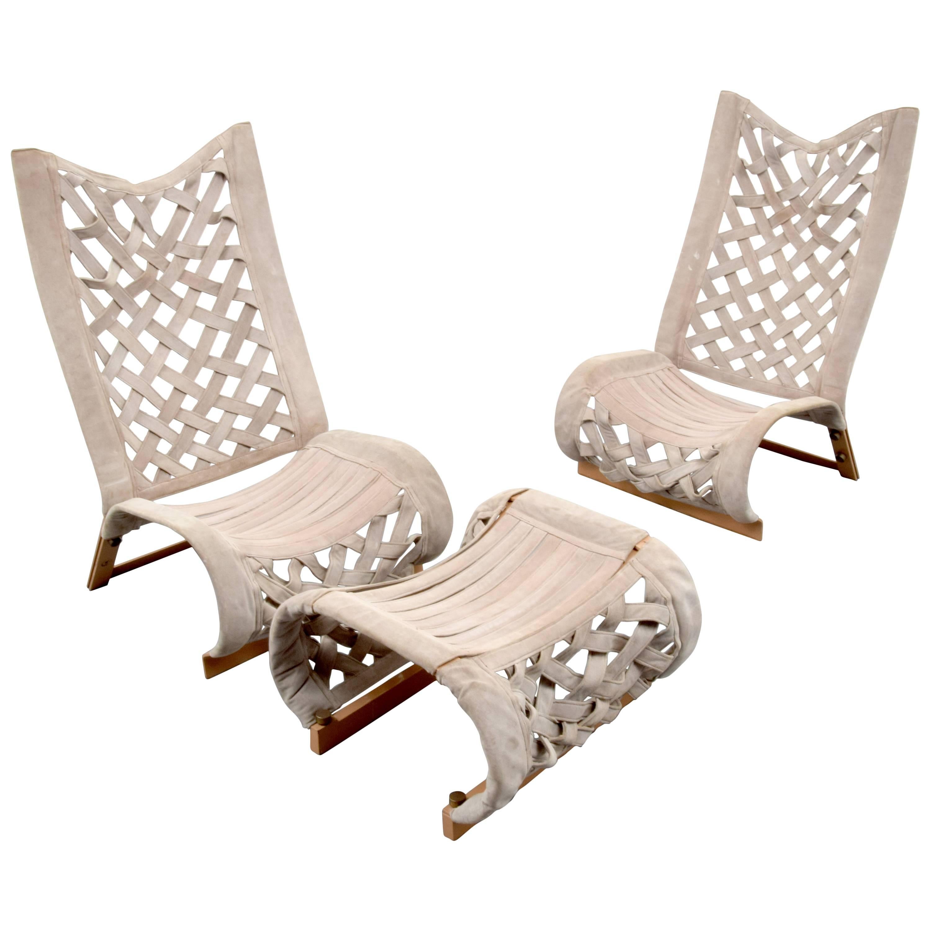 Pair of Marzio Cecchi Lounge Chairs and Ottoman For Sale