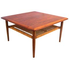 Danish Modern 1950s Square Coffee Table with Caned Shelf by Gunnar Schwartz