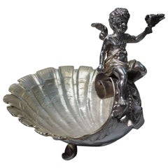 Antique German Rococo Silver Gilt Seashell Bowl with Cherub
