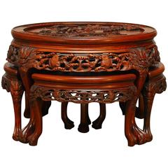 Round Chinese Carved Rosewood Tea Table with Nesting Stools