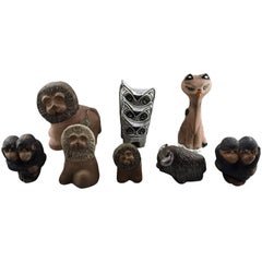Collection of Upsala-Ekeby Pottery Figurines, Lions, Cat, Owl, Monkeys, Bison