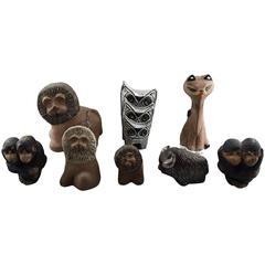 Collection of Upsala-Ekeby Pottery Figurines, Lions, Cat, Owl, Monkeys, Bison 2