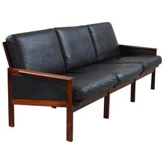 Black Leather Rosewood Sofa by Illum Wikkelso for N. Eilersen