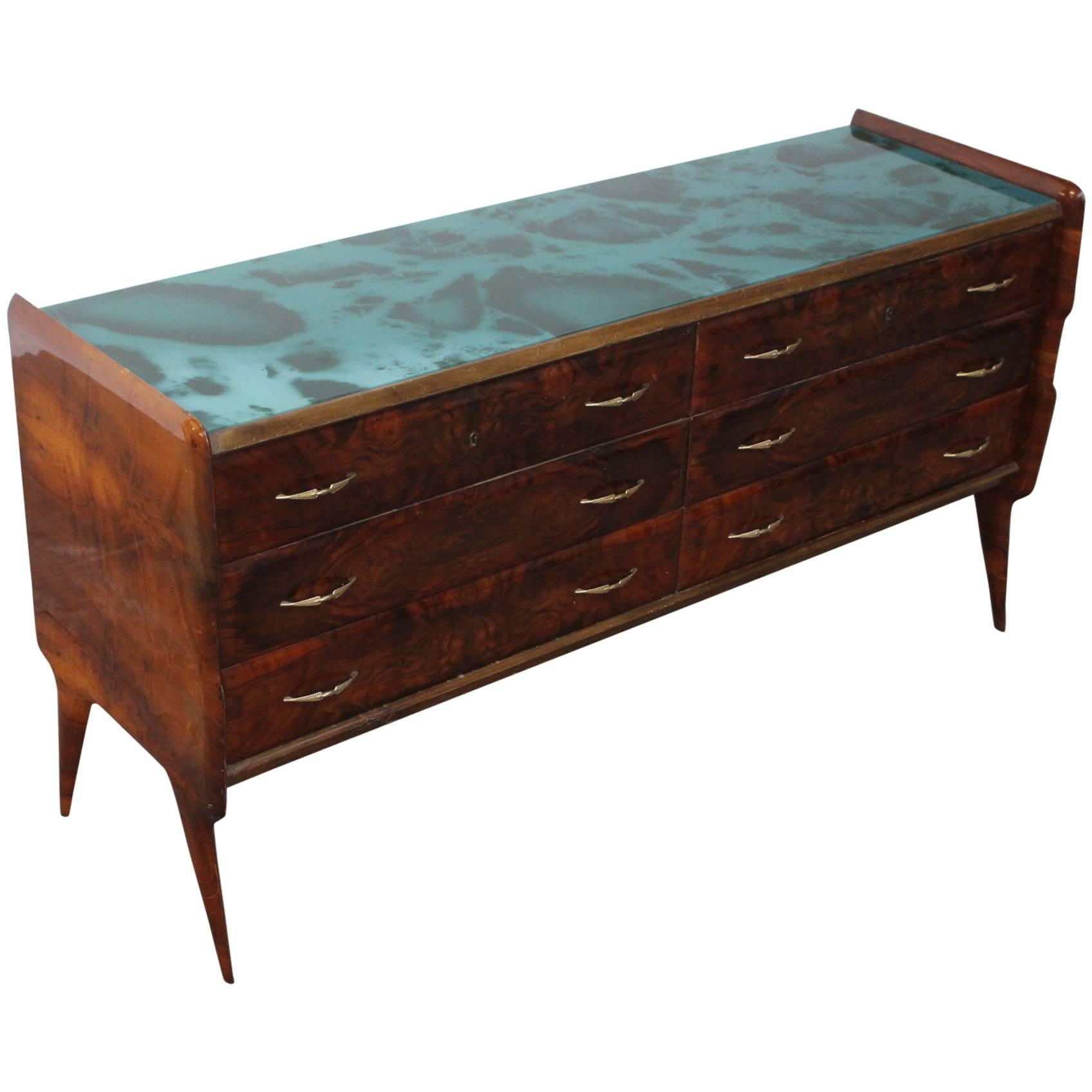 Burl Wood and Blue Glass Sideboard in the Manner of Vittorio Dassi For Sale