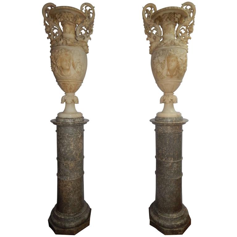 Monumental Pair of Carved Alabaster Urns and Pedestals at 1stDibs