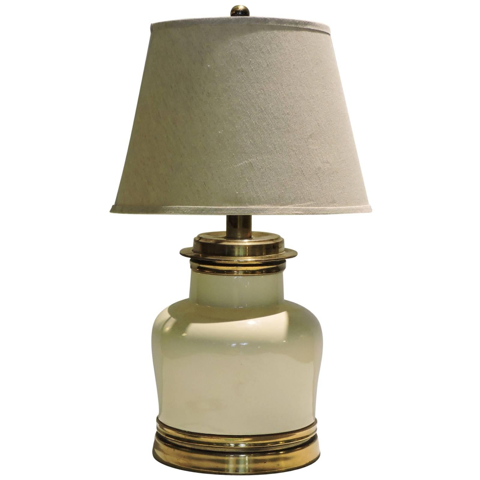 Karl Springer Style Vellum White Glazed Ceramic and Brass Table Lamp