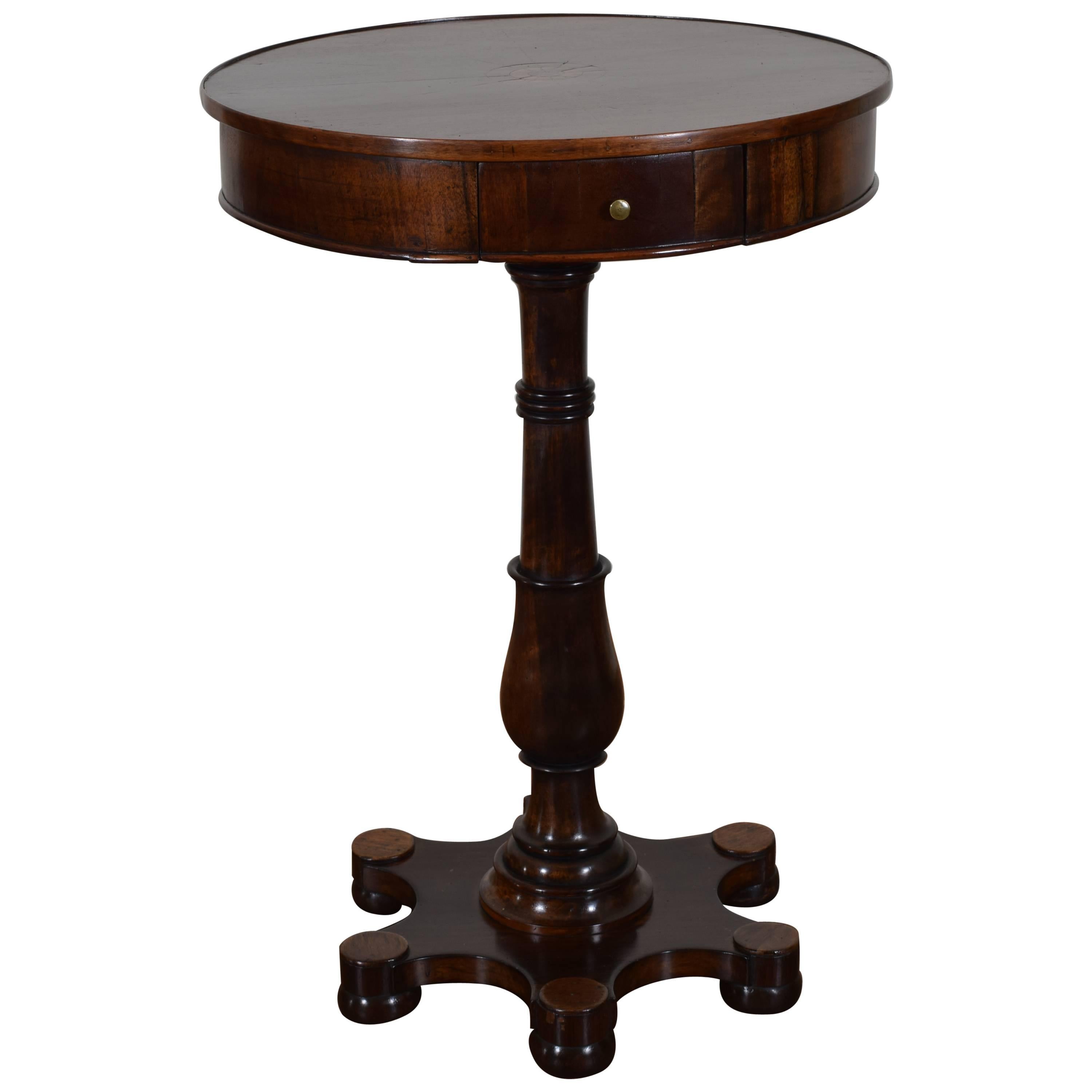 Italian Neoclassic Walnut and Inlaid One-Drawer Table on Six-Footed Base