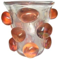 1970s Italian Modern Clear Murano Glass Large Size Vase with Apricot Buttons