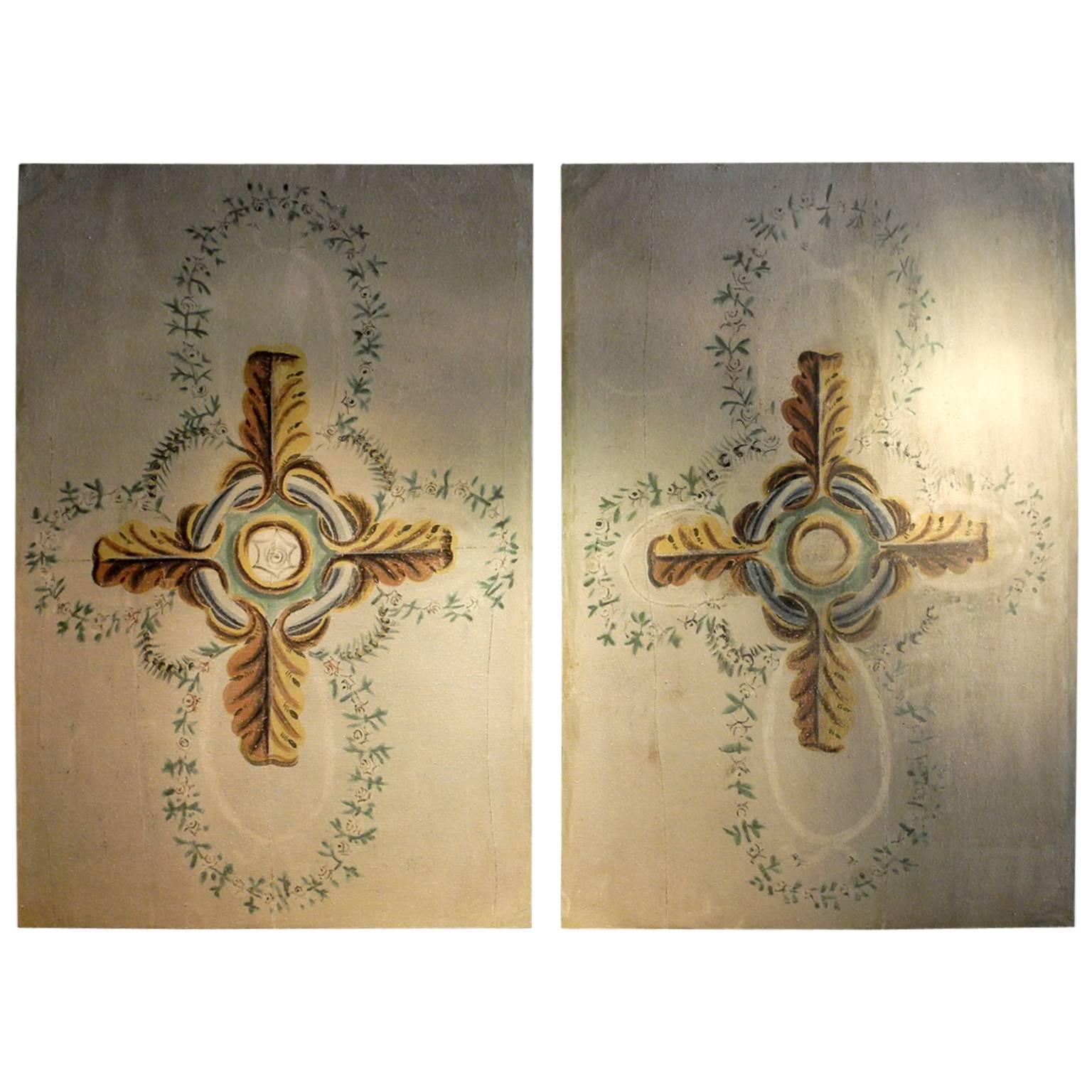 Antique Pair Painted Ceiling Panels with Yellow and Green Details, Circa 1700