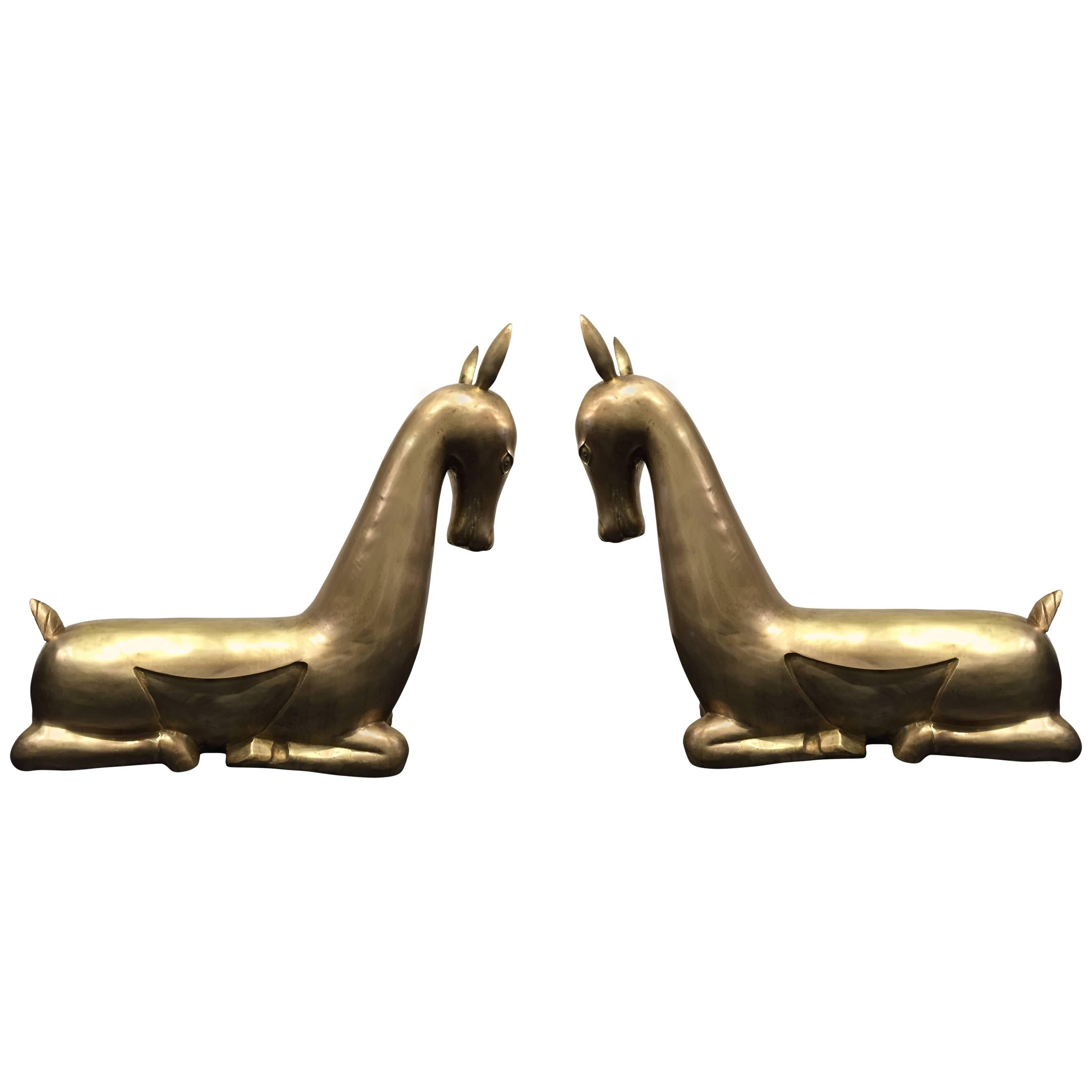 Pair of monumental  Brass Deer