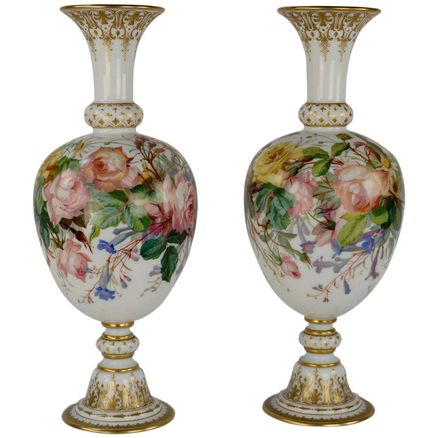 Pair of Opaline Baccarat Floral Vases