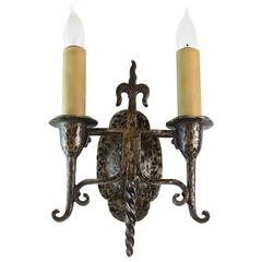 Tudor Two-Arm Hammered Iron Sconce, Set of Eight Matching