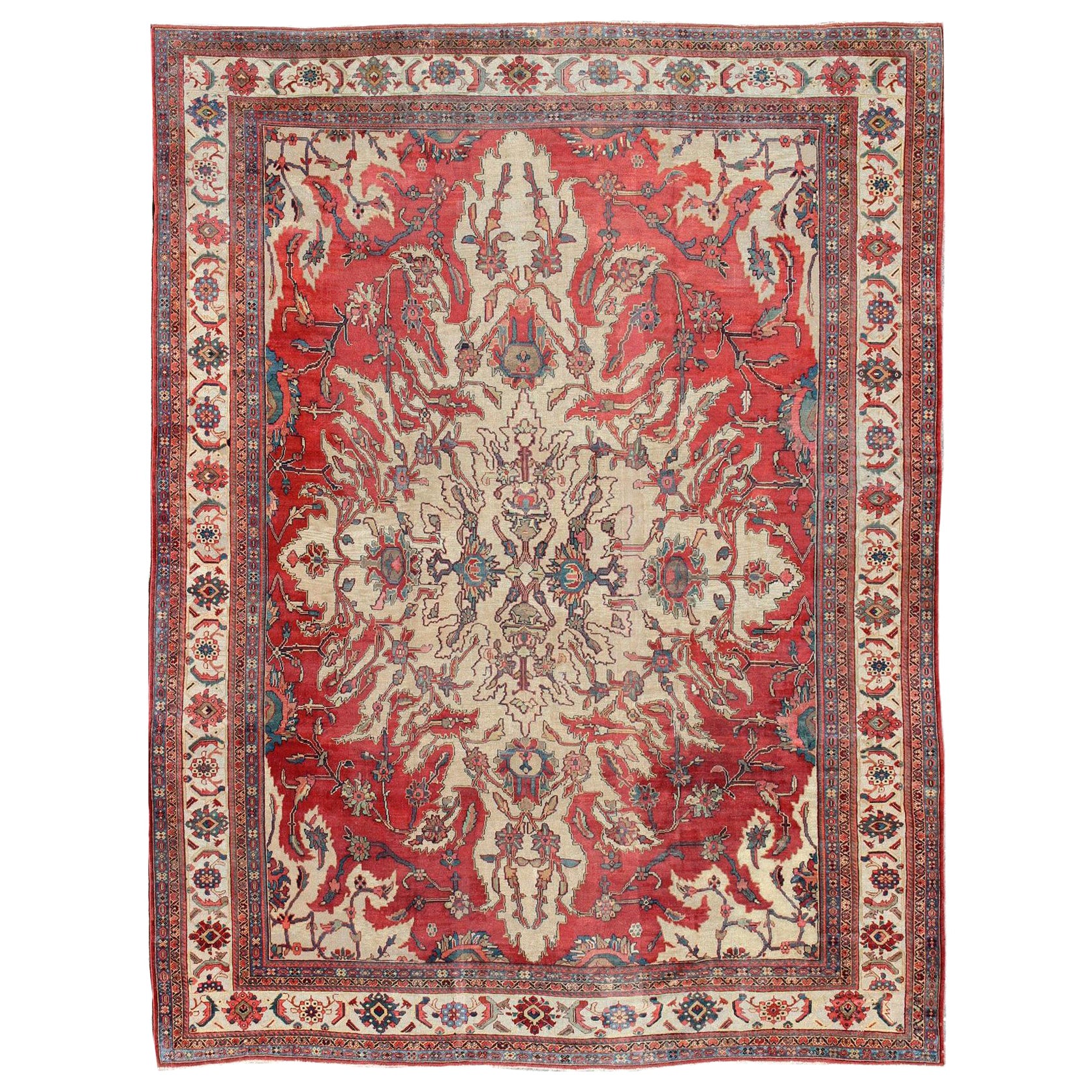 Large Antique Persian Sultanabad Rug in Red, Ivory For Sale