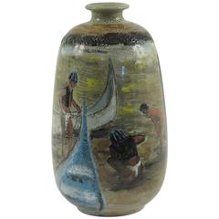 Vintage Unsigned Japanese Ceramic Vase with Sailors and Boats
