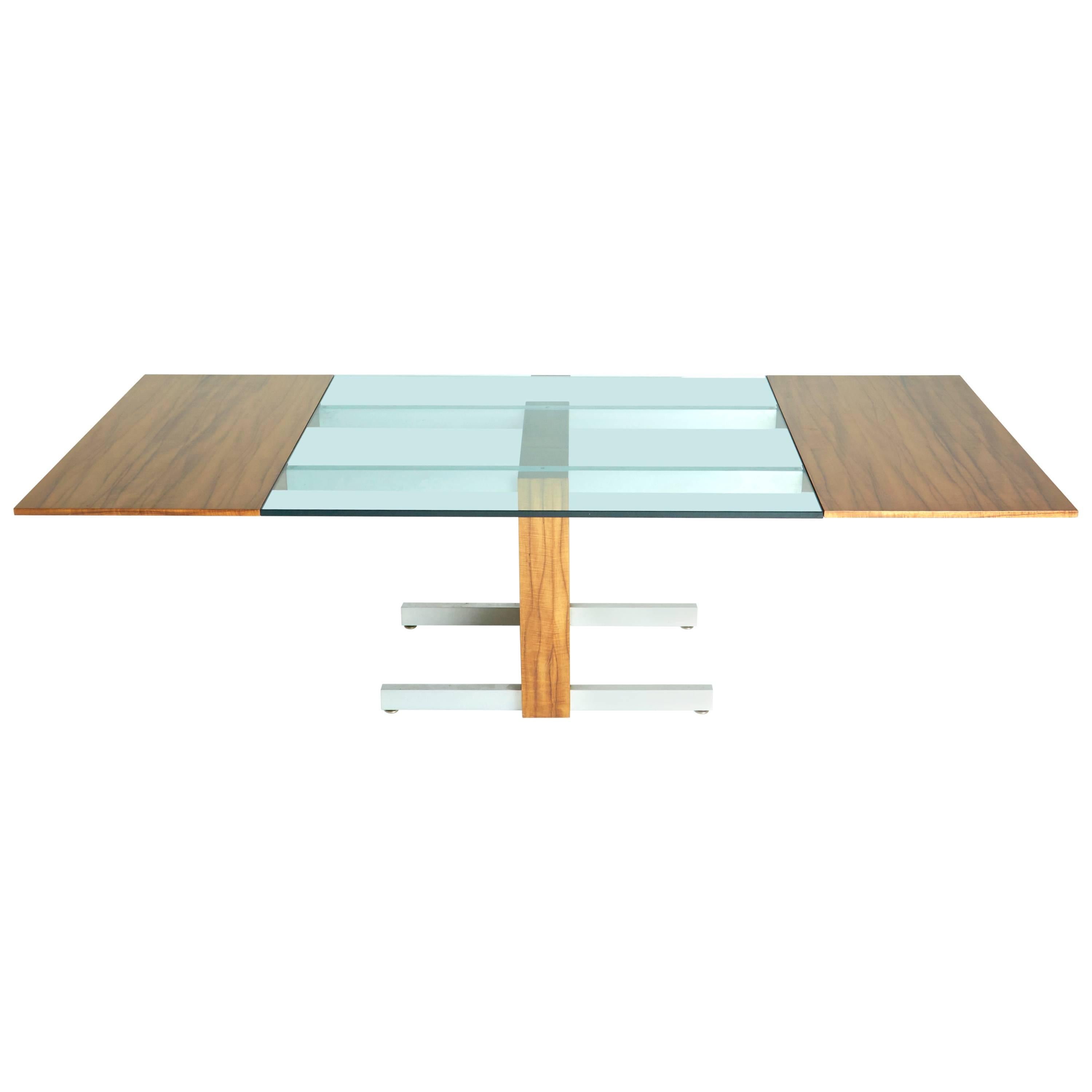 Vladimir Kagan Expandable Glass, Aluminum and Exotic Wood Dining Table