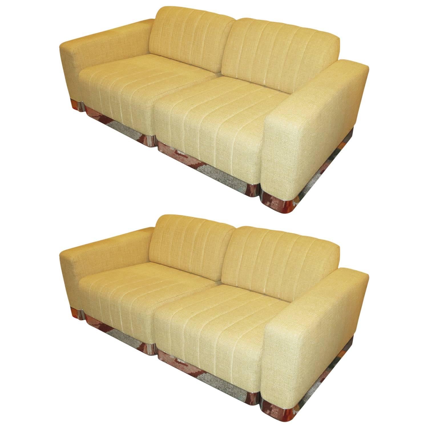 Matched Pair of Mid-Century Sofas with Chrome Bases