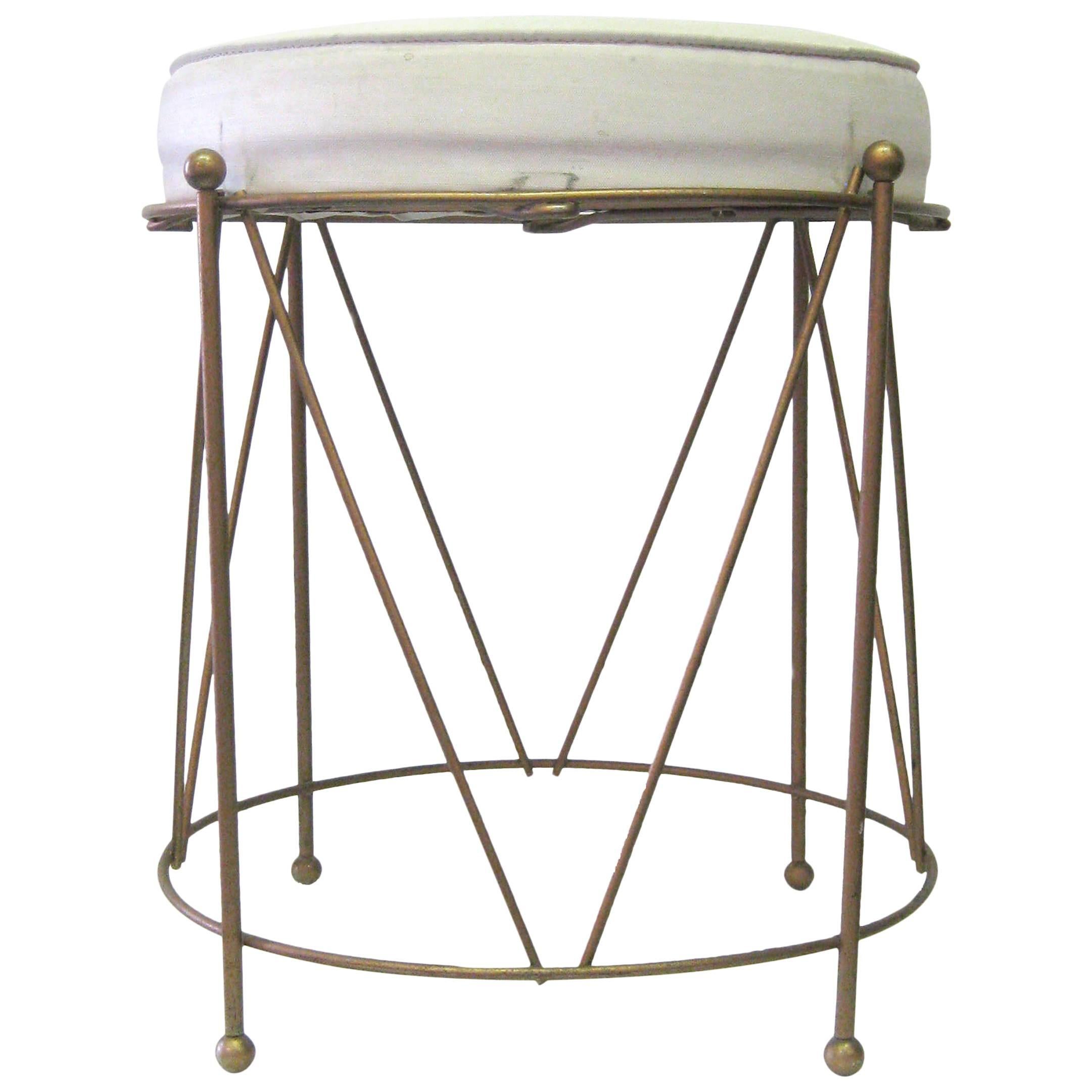 Jansen Style Stool in Brass with White Cushion