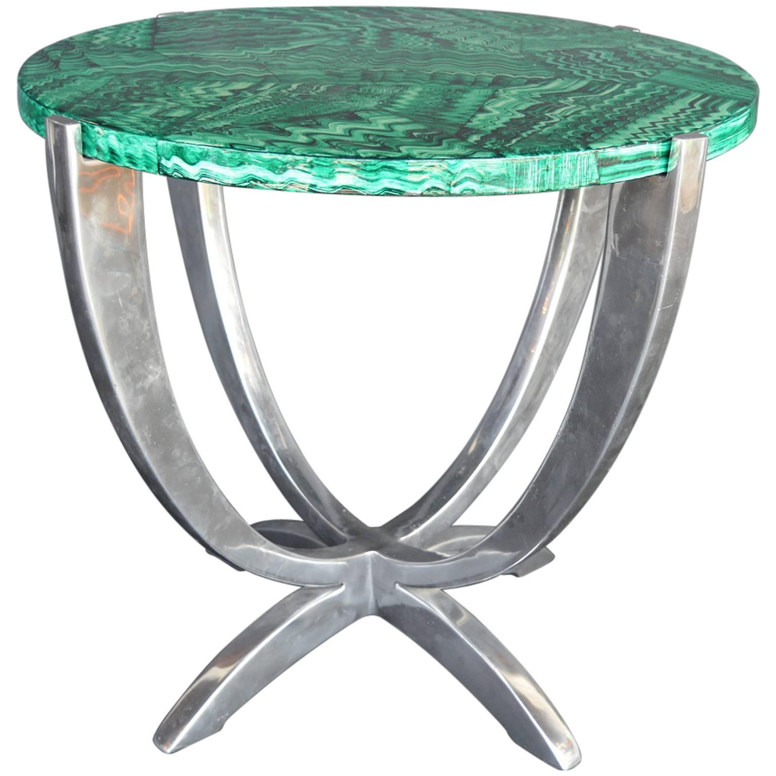Art Deco Faux Malachite and Aluminum Table For Sale