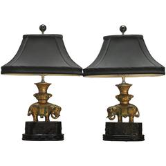 Vintage Pair of Thai White Brass Elephant Table Lamps