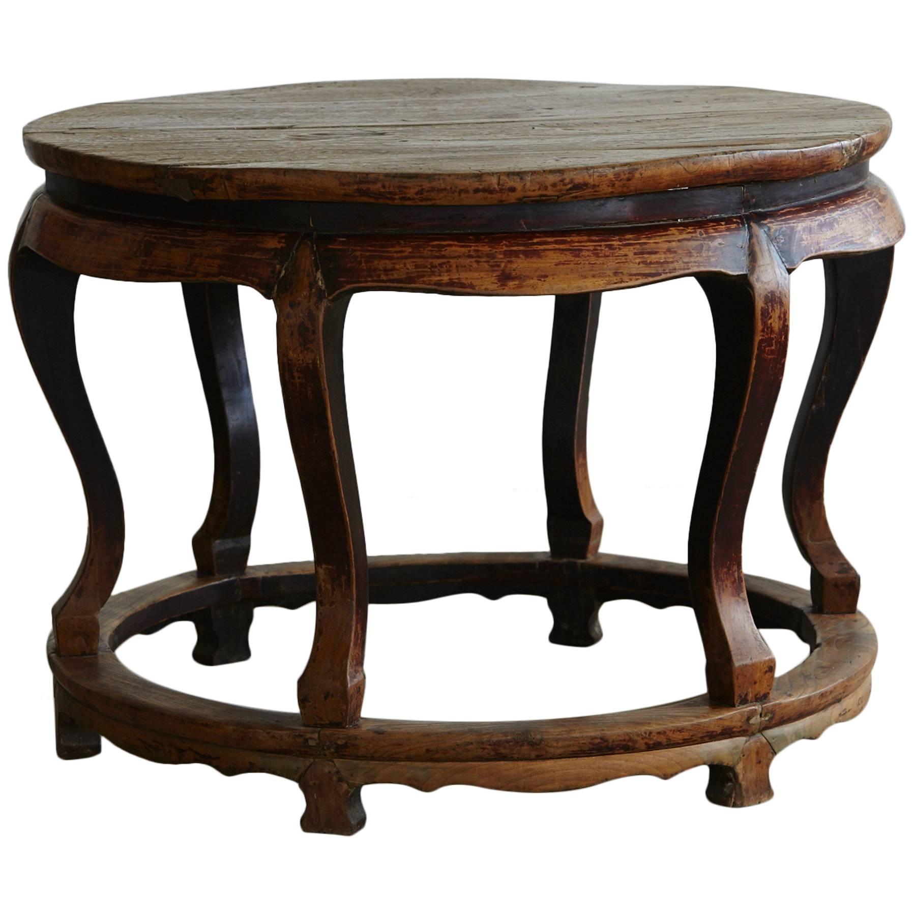 Antique Chinese Hand Carved Round Elm Wood Center Table