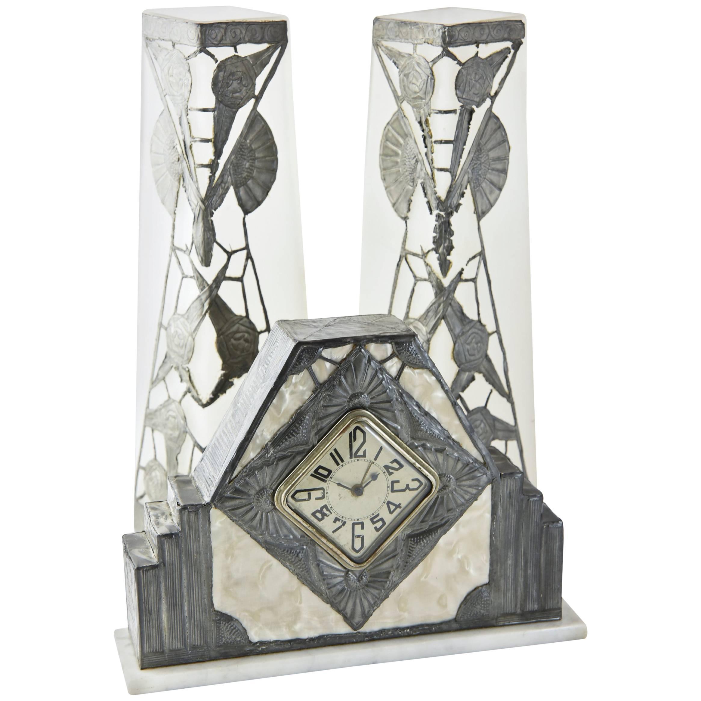 French Art Nouveau Clock and Vase Set by R. Ragu